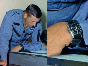 Apollo 11 Astronaut Neil Armstrong wearing a long NASA watch strap for Omega Speedmaster-P/N SEB12100030-202-Kizzi Precision Flightgear