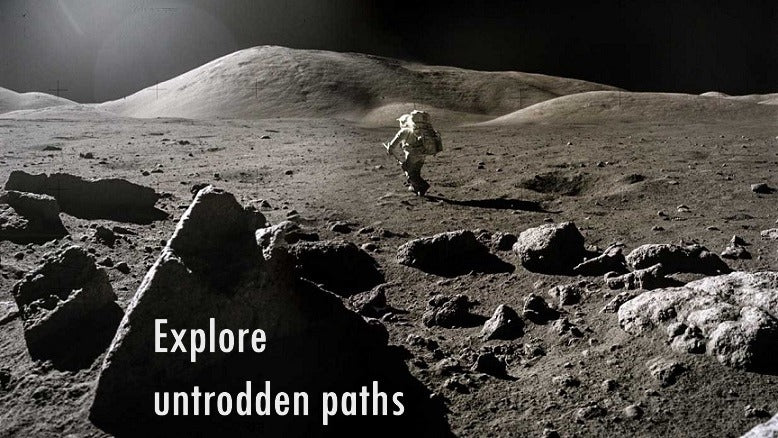 Astronaut walking on a barren landscape with text 'Explore untroudden paths'.